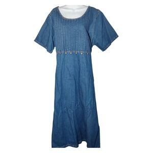 Keren Hart Denim Maxi Dress Blue Pleated Yoke teacher mom Side Slits XL vintage